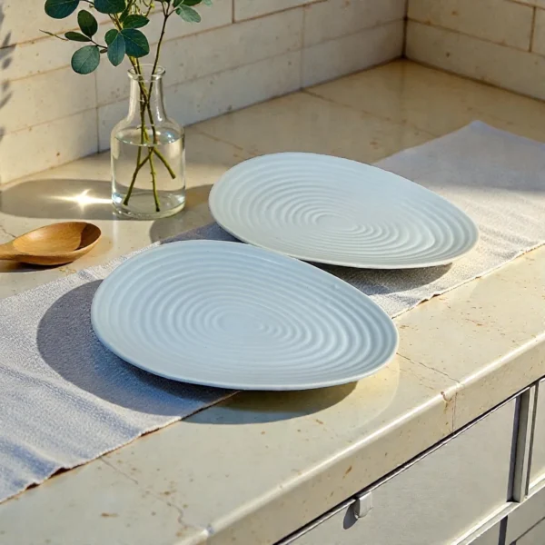 Harmiche CloudNest Ripple Oval Ceramic Platters (Set of 2) – Mist Blue Textured Serving Platters, 30 x 18.5 cm
