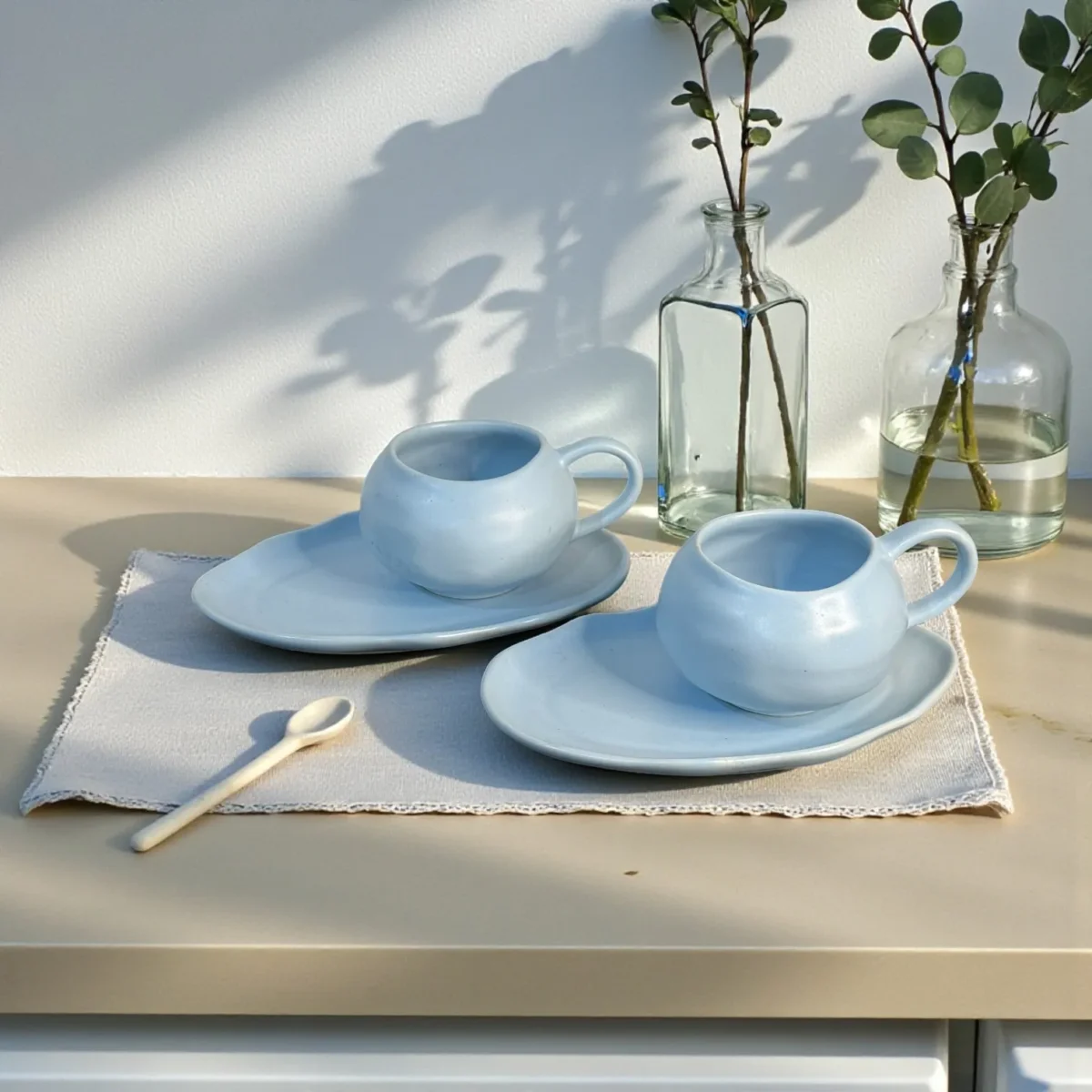 Harmiche CloudNest Mist Blue Ceramic Cup and Saucer Set of 2 (250 ml) | Organic Oval Saucers (20.5 x 13 cm) | Premium Tea/Coffee Set