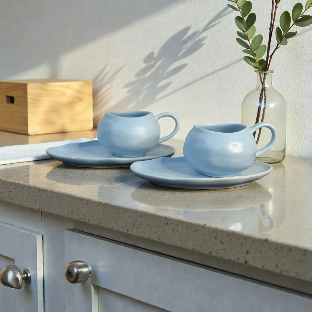 Harmiche CloudNest Mist Blue Ceramic Cup & Saucer Set of 2 (250 ml) | Organic Oval Saucers (20.5 x 13 cm) | Premium Tea/Coffee Set