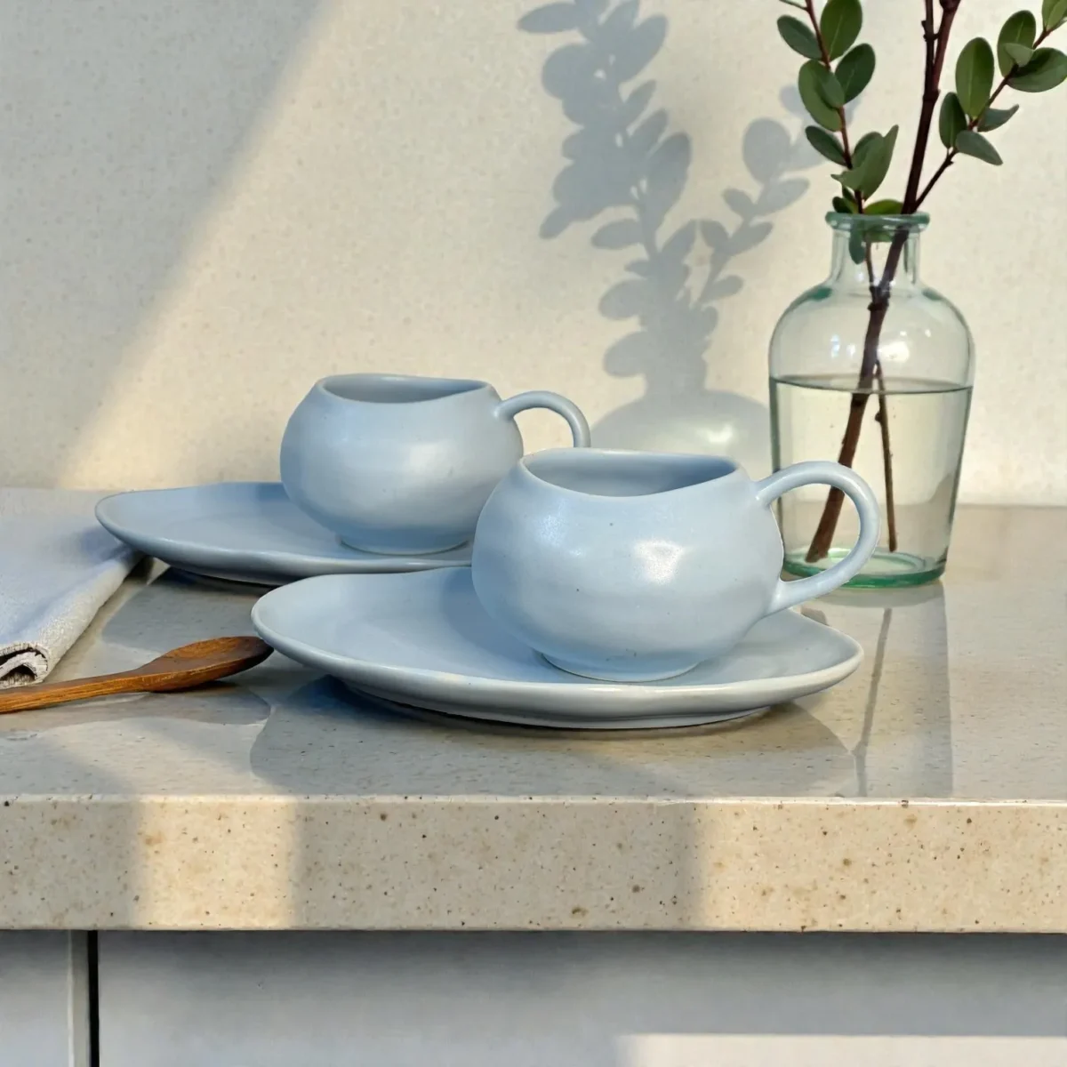 Harmiche CloudNest Mist Blue Ceramic Cup & Saucer Set of 2 (250 ml) | Organic Oval Saucers (20.5 x 13 cm) | Premium Tea/Coffee Set