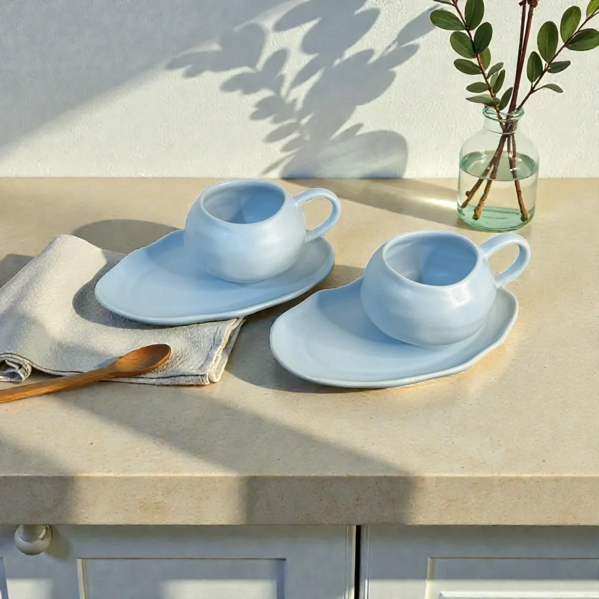 Harmiche CloudNest Mist Blue Ceramic Cup & Saucer Set of 2 (250 ml) | Organic Oval Saucers (20.5 x 13 cm) | Premium Tea/Coffee Set