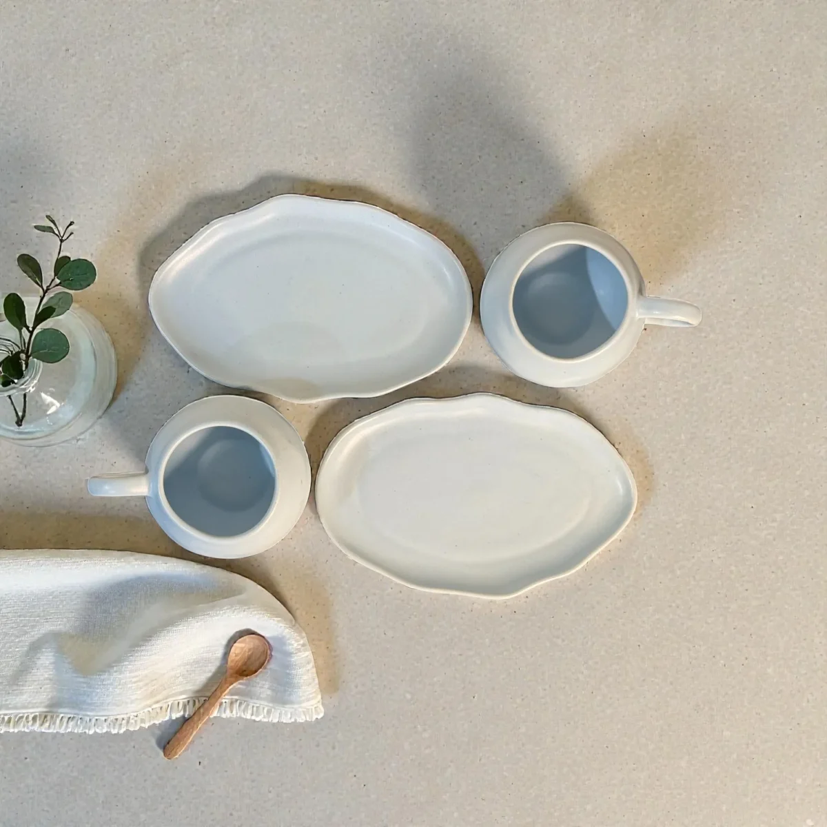 Harmiche CloudNest Mist Blue Ceramic Cup & Saucer Set of 2 (250 ml) | Organic Oval Saucers (20.5 x 13 cm) | Premium Tea/Coffee Set