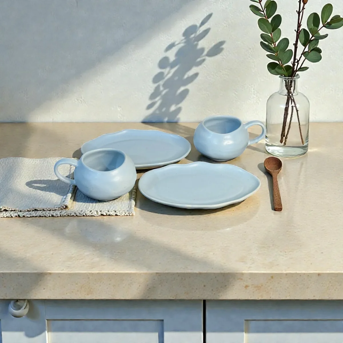 Harmiche CloudNest Mist Blue Ceramic Cup & Saucer Set of 2 (250 ml) | Organic Oval Saucers (20.5 x 13 cm) | Premium Tea/Coffee Set