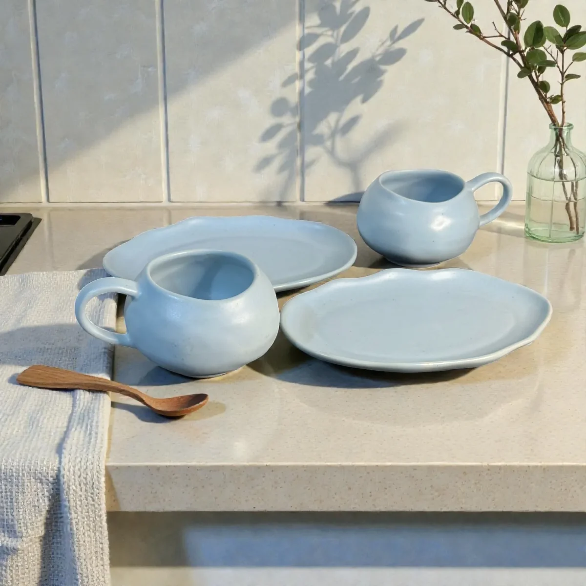 Harmiche CloudNest Mist Blue Ceramic Cup & Saucer Set of 2 (250 ml) | Organic Oval Saucers (20.5 x 13 cm) | Premium Tea/Coffee Set