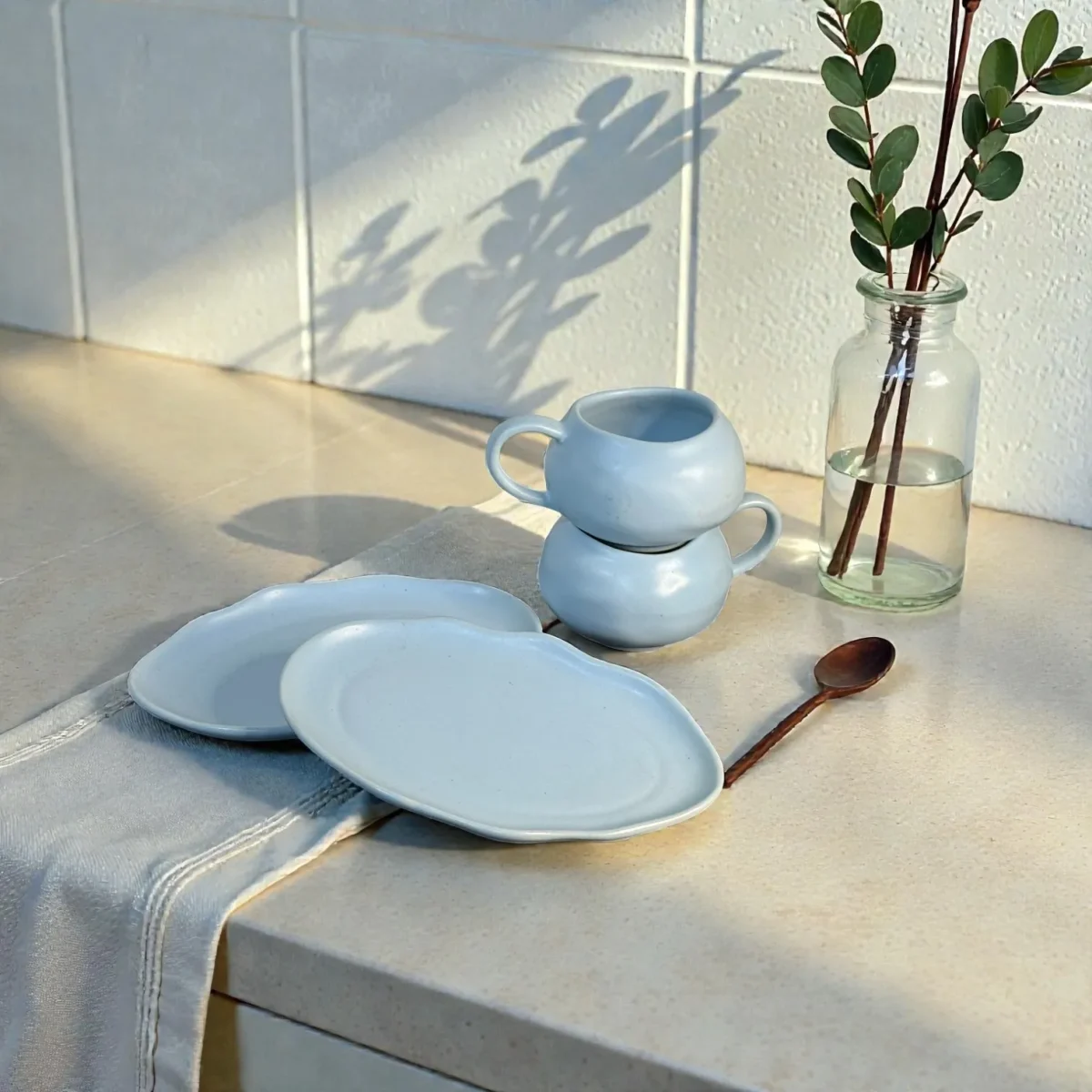 Harmiche CloudNest Mist Blue Ceramic Cup & Saucer Set of 2 (250 ml) | Organic Oval Saucers (20.5 x 13 cm) | Premium Tea/Coffee Set