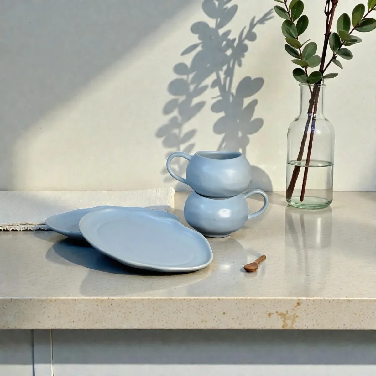 Harmiche CloudNest Mist Blue Ceramic Cup & Saucer Set of 2 (250 ml) | Organic Oval Saucers (20.5 x 13 cm) | Premium Tea/Coffee Set