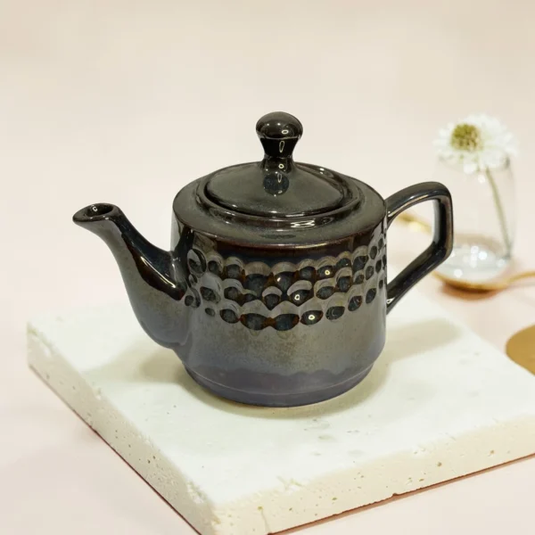 Storm Ash PebbleCrest Ceramic Teapot (800 ml) by Harmiche—glossy charcoal-ash glaze, textured band, perfect for chai & loose-leaf tea.