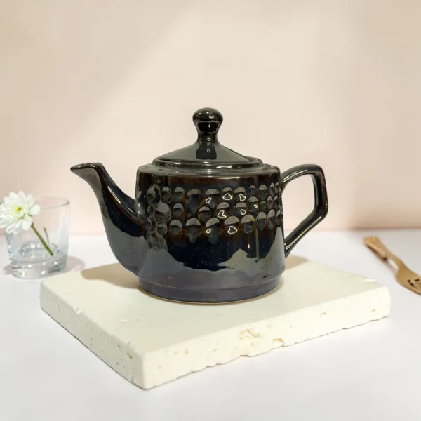 Storm Ash PebbleCrest Ceramic Teapot (800 ml) by Harmiche—glossy charcoal-ash glaze, textured band, perfect for chai & loose-leaf tea.