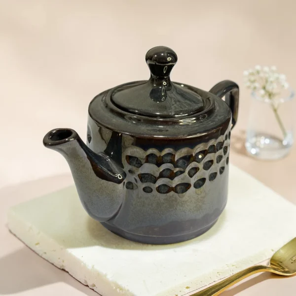 Storm Ash PebbleCrest Ceramic Teapot (800 ml) by Harmiche—glossy charcoal-ash glaze, textured band, perfect for chai & loose-leaf tea.