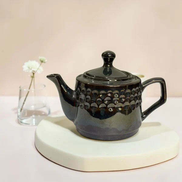Storm Ash PebbleCrest Ceramic Teapot (800 ml) by Harmiche—glossy charcoal-ash glaze, textured band, perfect for chai & loose-leaf tea.