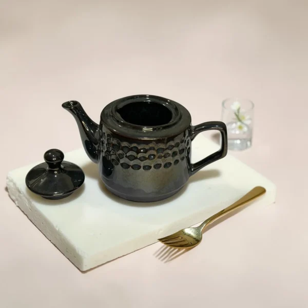 Storm Ash PebbleCrest Ceramic Teapot (800 ml) by Harmiche—glossy charcoal-ash glaze, textured band, perfect for chai & loose-leaf tea.