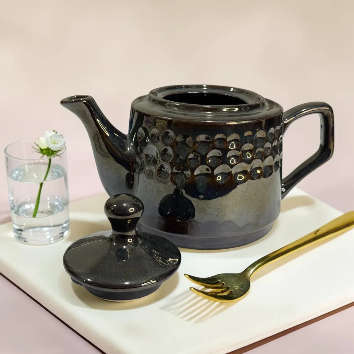 Storm Ash PebbleCrest Ceramic Teapot (800 ml) by Harmiche—glossy charcoal-ash glaze, textured band, perfect for chai & loose-leaf tea.