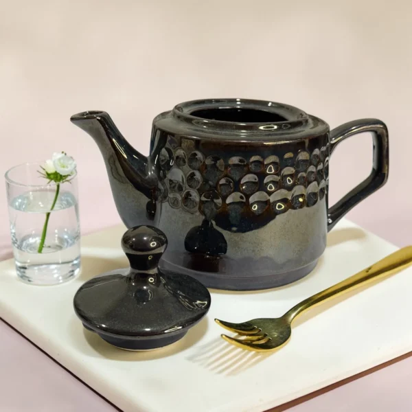 Storm Ash PebbleCrest Ceramic Teapot (800 ml) by Harmiche—glossy charcoal-ash glaze, textured band, perfect for chai & loose-leaf tea.