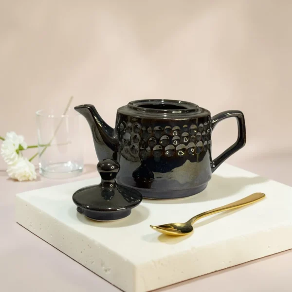 Storm Ash PebbleCrest Ceramic Teapot (800 ml) by Harmiche—glossy charcoal-ash glaze, textured band, perfect for chai & loose-leaf tea.