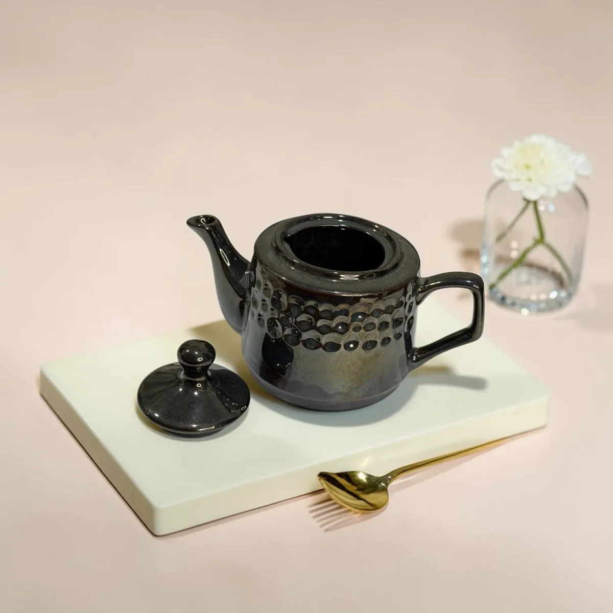 Storm Ash PebbleCrest Ceramic Teapot (800 ml) by Harmiche—glossy charcoal-ash glaze, textured band, perfect for chai & loose-leaf tea.