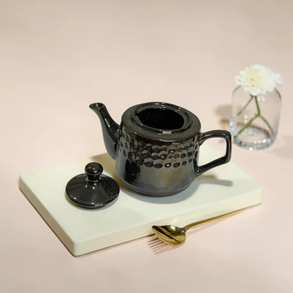 Storm Ash PebbleCrest Ceramic Teapot (800 ml) by Harmiche—glossy charcoal-ash glaze, textured band, perfect for chai & loose-leaf tea.