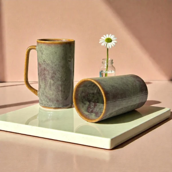 Harmiche Ember Moss Tall Ceramic Mugs Set of 2 (450 ml) – 15 cm Height, Rustic Glaze Finish