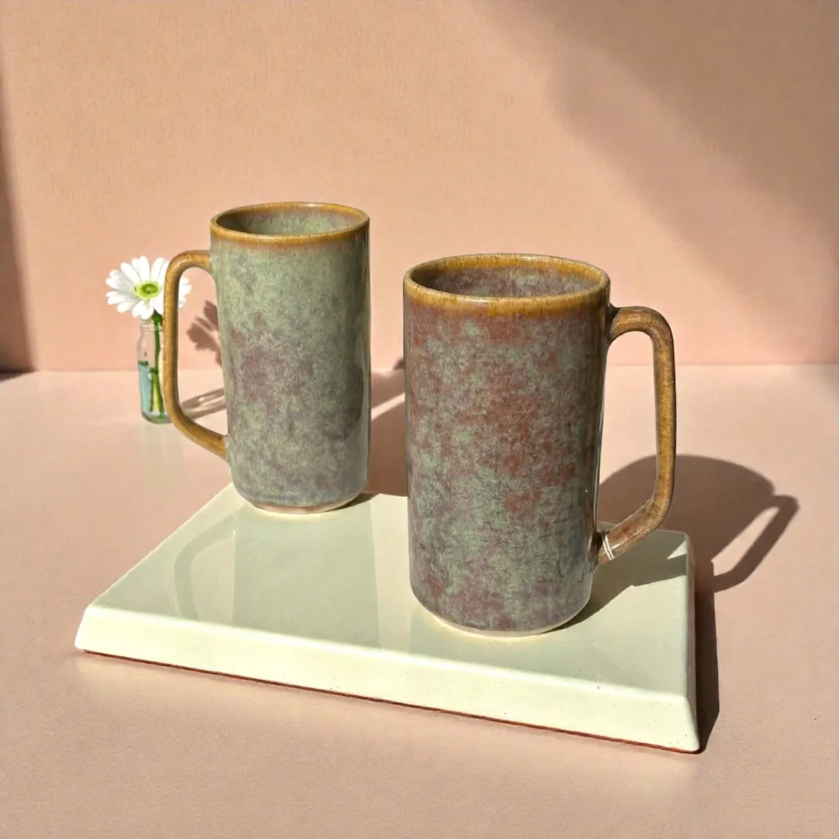 Harmiche Ember Moss Tall Ceramic Mugs Set of 2 (450 ml) – 15 cm Height, Rustic Glaze Finish