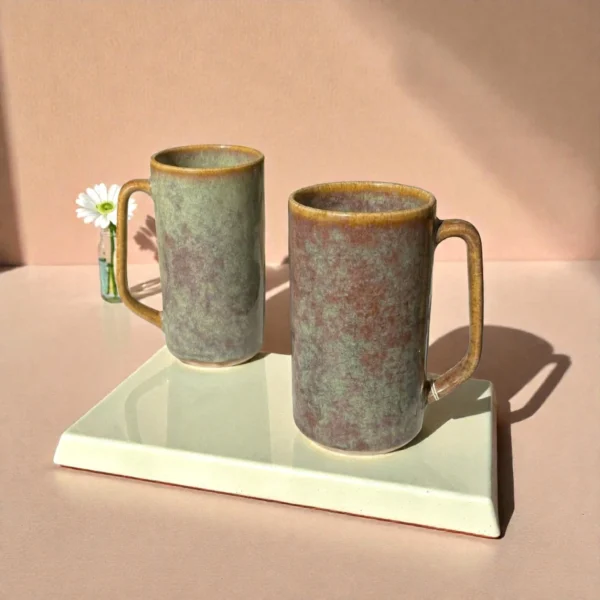 Harmiche Ember Moss Tall Ceramic Mugs Set of 2 (450 ml) – 15 cm Height, Rustic Glaze Finish