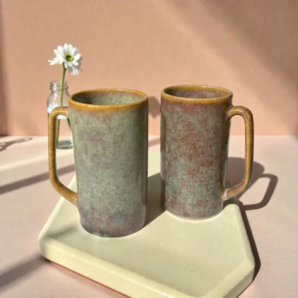 Harmiche Ember Moss Tall Ceramic Mugs Set of 2 (450 ml) – 15 cm Height, Rustic Glaze Finish