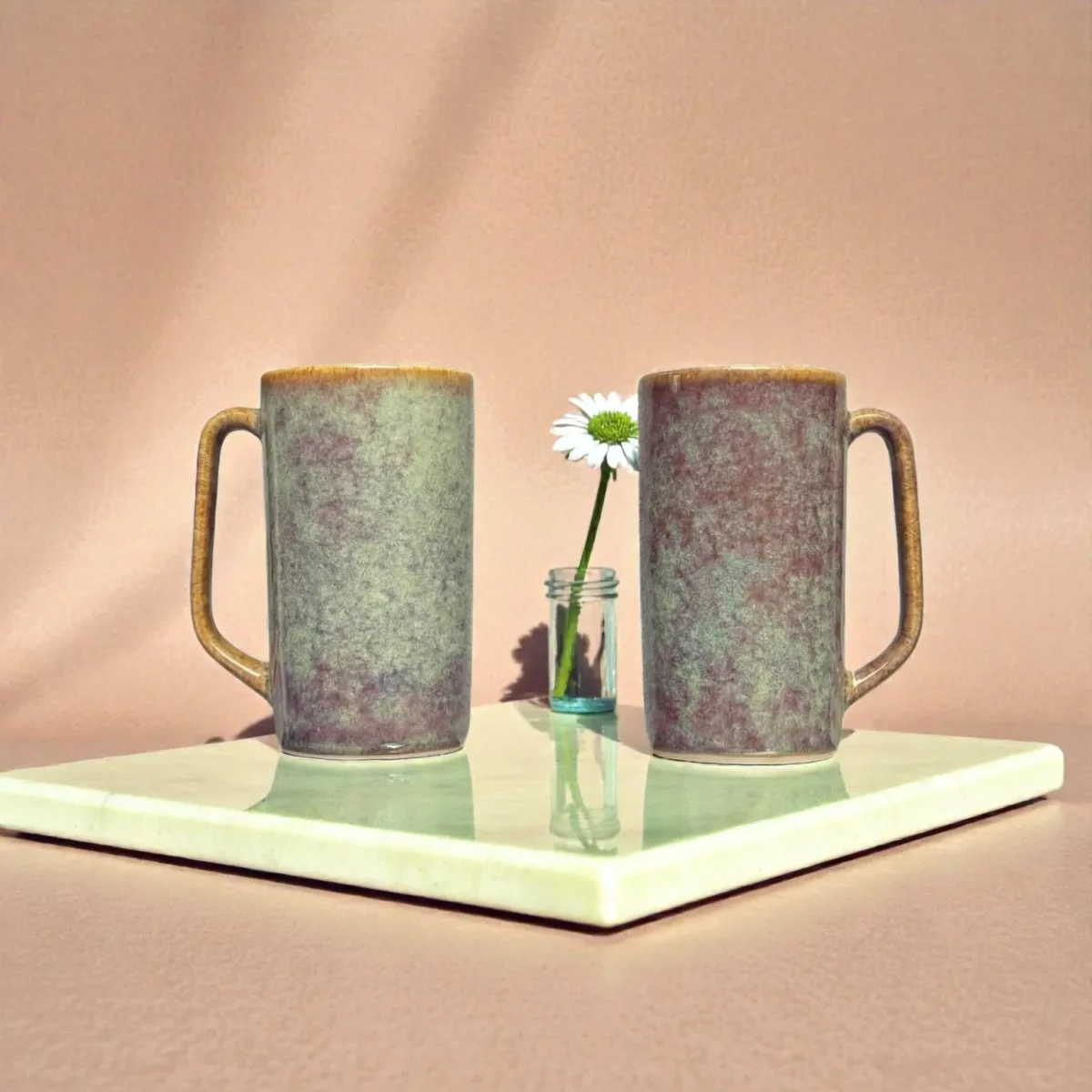 Harmiche Ember Moss Tall Ceramic Mugs Set of 2 (450 ml) – 15 cm Height, Rustic Glaze Finish