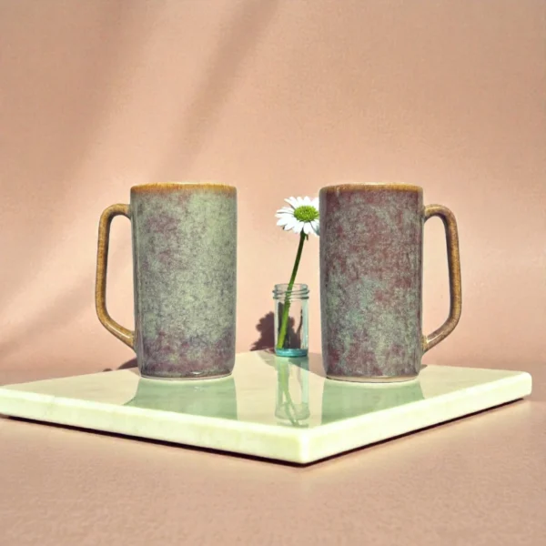 Harmiche Ember Moss Tall Ceramic Mugs Set of 2 (450 ml) – 15 cm Height, Rustic Glaze Finish