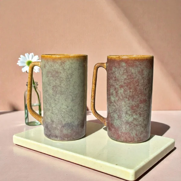 Harmiche Ember Moss Tall Ceramic Mugs Set of 2 (450 ml) – 15 cm Height, Rustic Glaze Finish