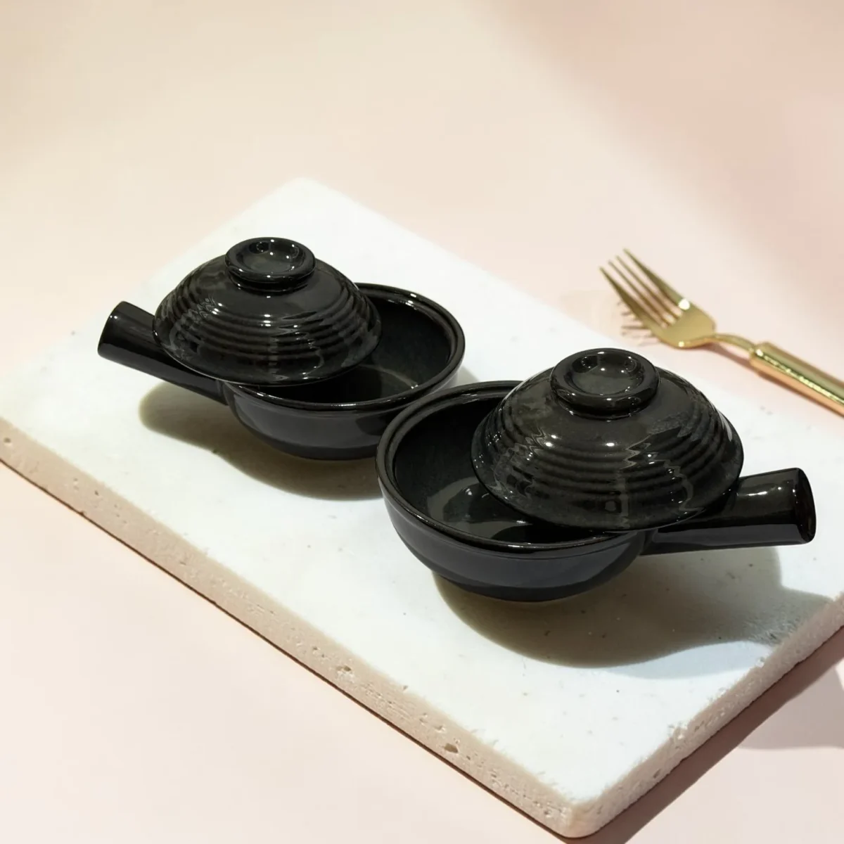 Harmiche Obsidian Noir Lidded Ceramic Fondue Pots (Set of 2, 500 ml, 16 cm)