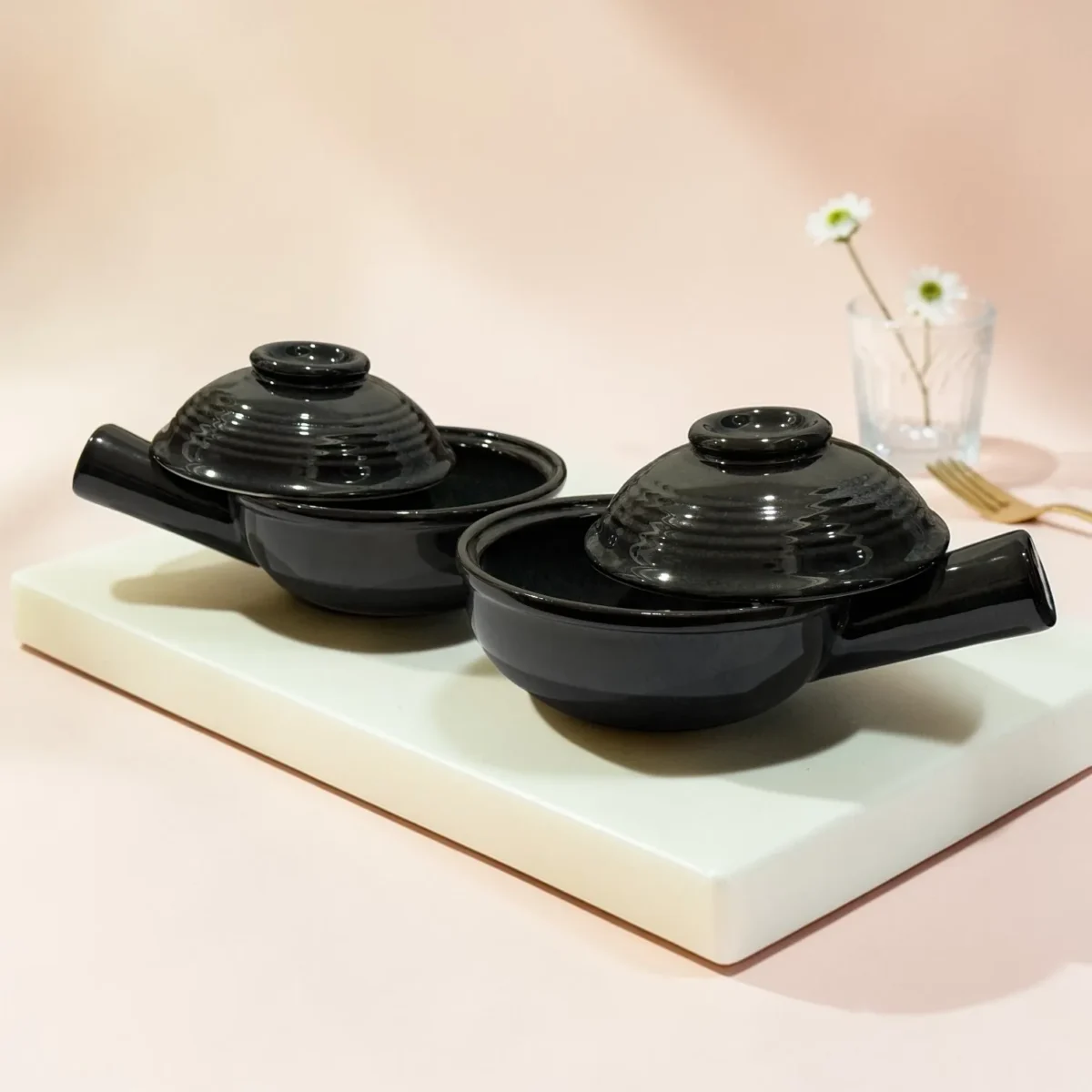 Harmiche Obsidian Noir Lidded Ceramic Fondue Pots (Set of 2, 500 ml, 16 cm)