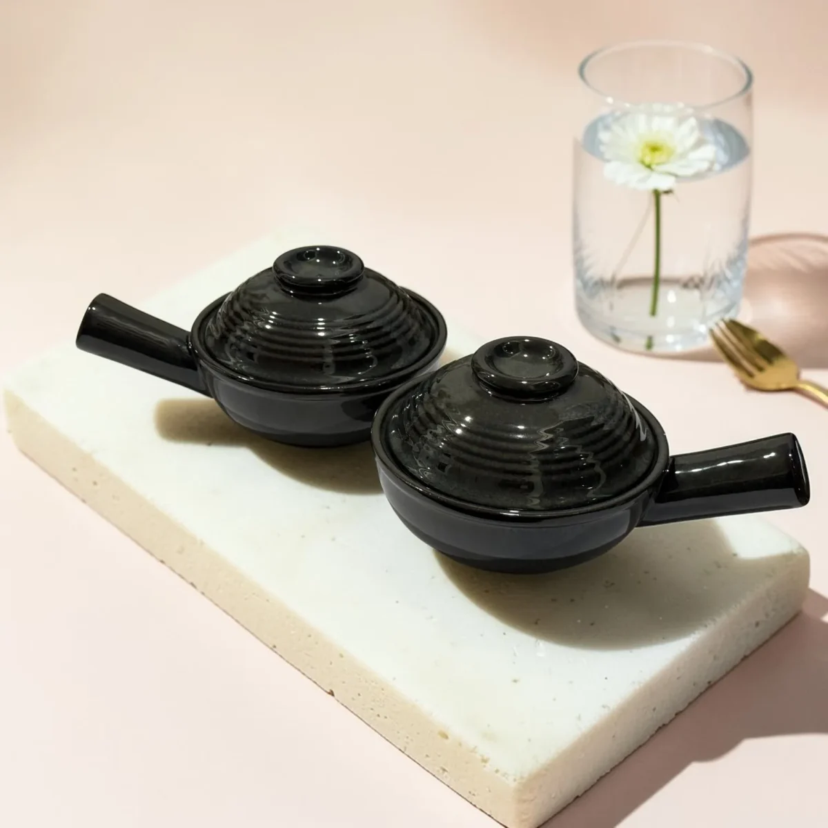Harmiche Obsidian Noir Lidded Ceramic Fondue Pots (Set of 2, 500 ml, 16 cm)