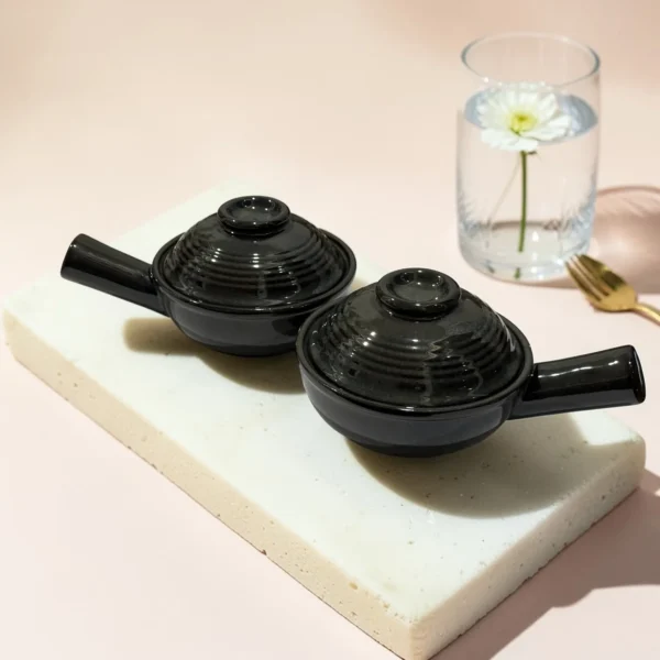 Harmiche Obsidian Noir Lidded Ceramic Fondue Pots (Set of 2, 500 ml, 16 cm)