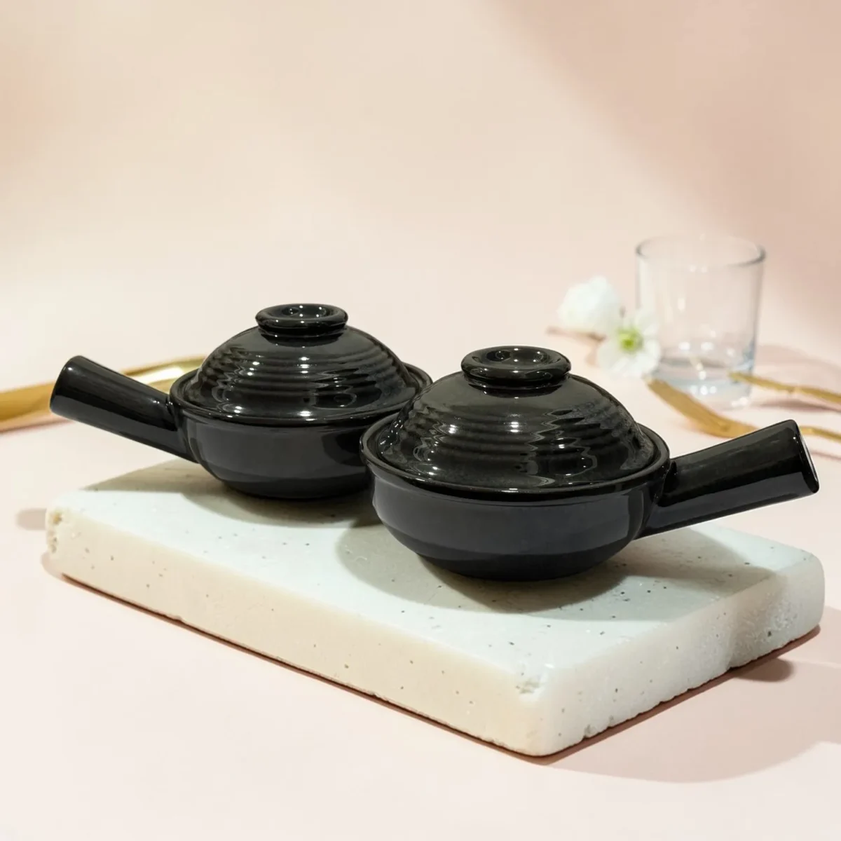 Harmiche Obsidian Noir Lidded Ceramic Fondue Pots (Set of 2, 500 ml, 16 cm)