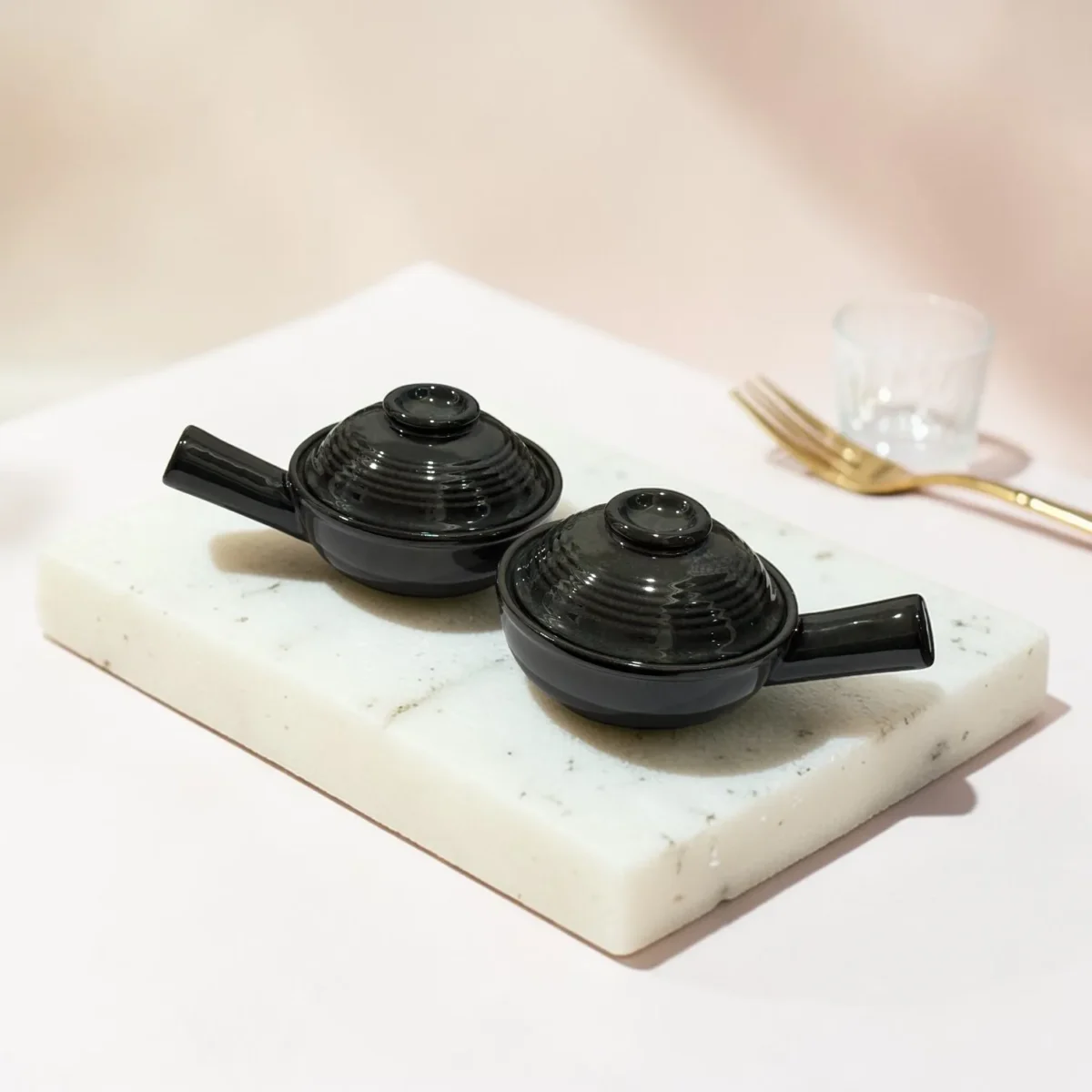 Harmiche Obsidian Noir Lidded Ceramic Fondue Pots (Set of 2, 500 ml, 16 cm)