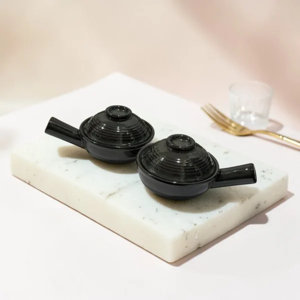 Harmiche Obsidian Noir Lidded Ceramic Fondue Pots (Set of 2, 500 ml, 16 cm)
