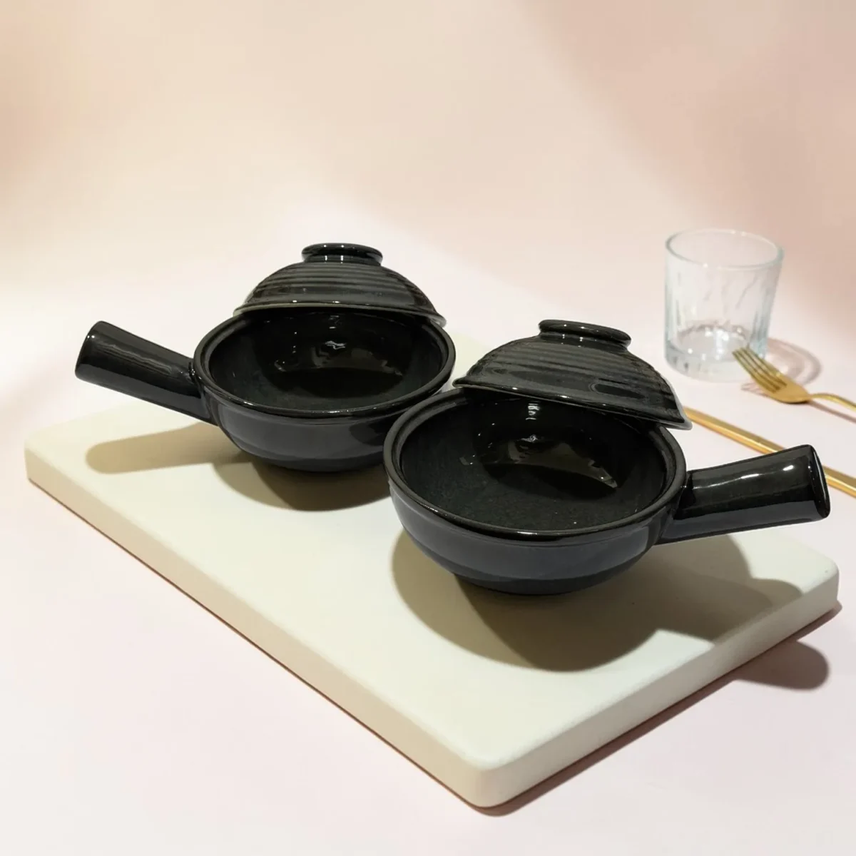 Harmiche Obsidian Noir Lidded Ceramic Fondue Pots (Set of 2, 500 ml, 16 cm)