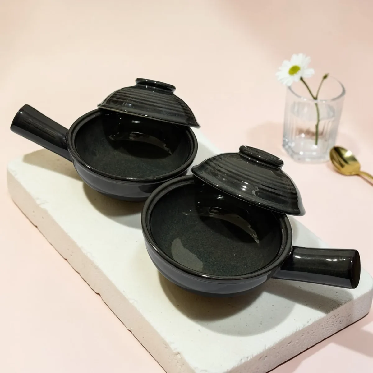 Harmiche Obsidian Noir Lidded Ceramic Fondue Pots (Set of 2, 500 ml, 16 cm)