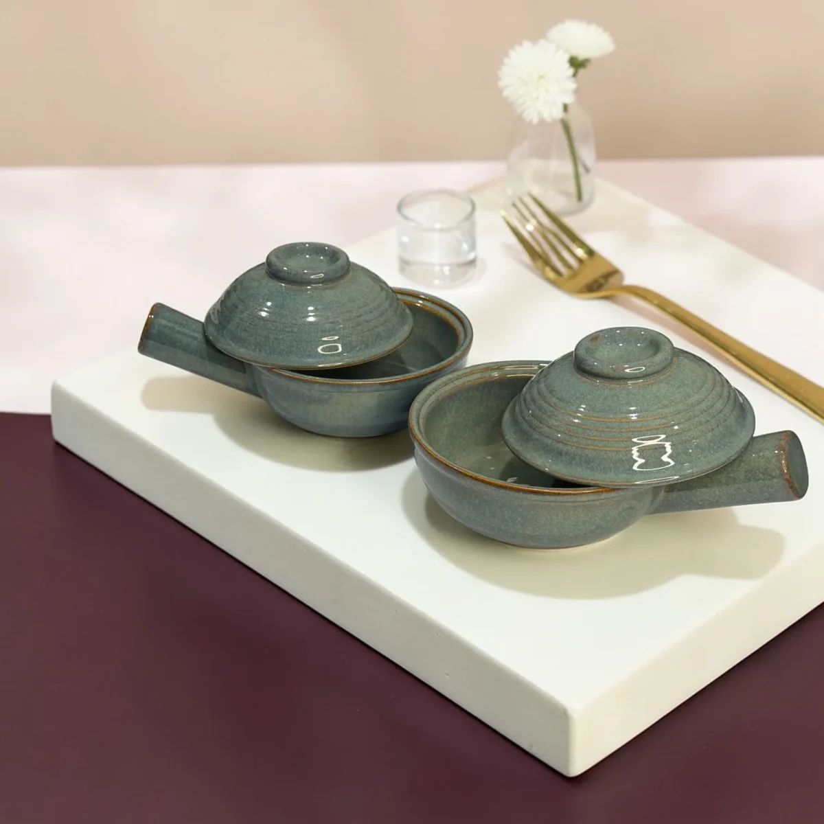 Harmiche Slate Hearth Ceramic Fondue Pots with Lids (Set of 2, 500 ml, 16 cm)