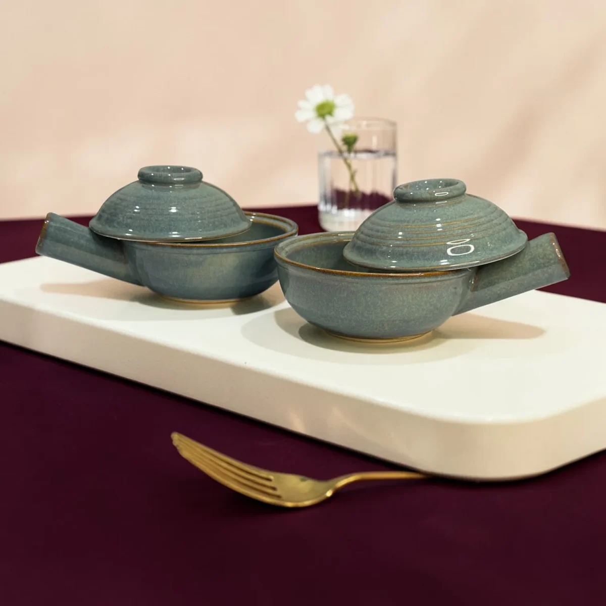 Harmiche Slate Hearth Ceramic Fondue Pots with Lids (Set of 2, 500 ml, 16 cm)