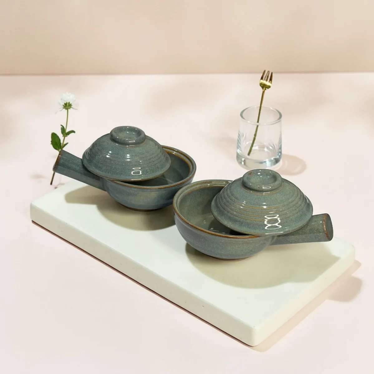 Harmiche Slate Hearth Ceramic Fondue Pots with Lids (Set of 2, 500 ml, 16 cm)