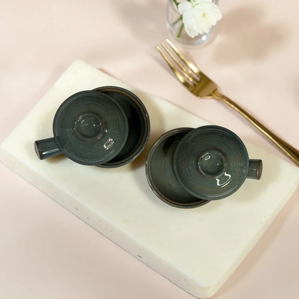 Harmiche Slate Hearth Ceramic Fondue Pots with Lids (Set of 2, 500 ml, 16 cm)