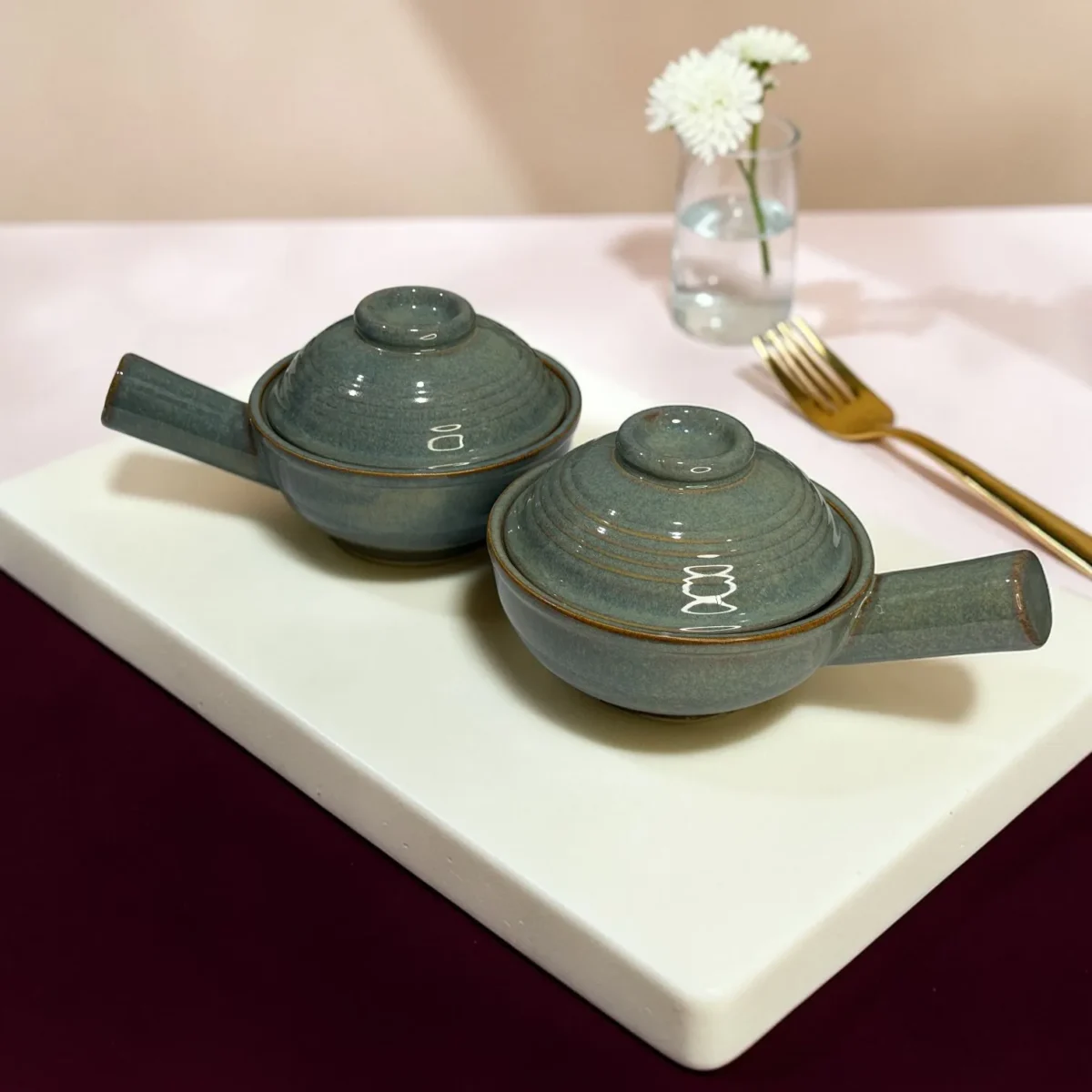 Harmiche Slate Hearth Ceramic Fondue Pots with Lids (Set of 2, 500 ml, 16 cm)