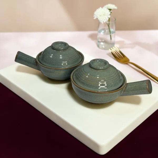 Harmiche Slate Hearth Ceramic Fondue Pots with Lids (Set of 2, 500 ml, 16 cm)