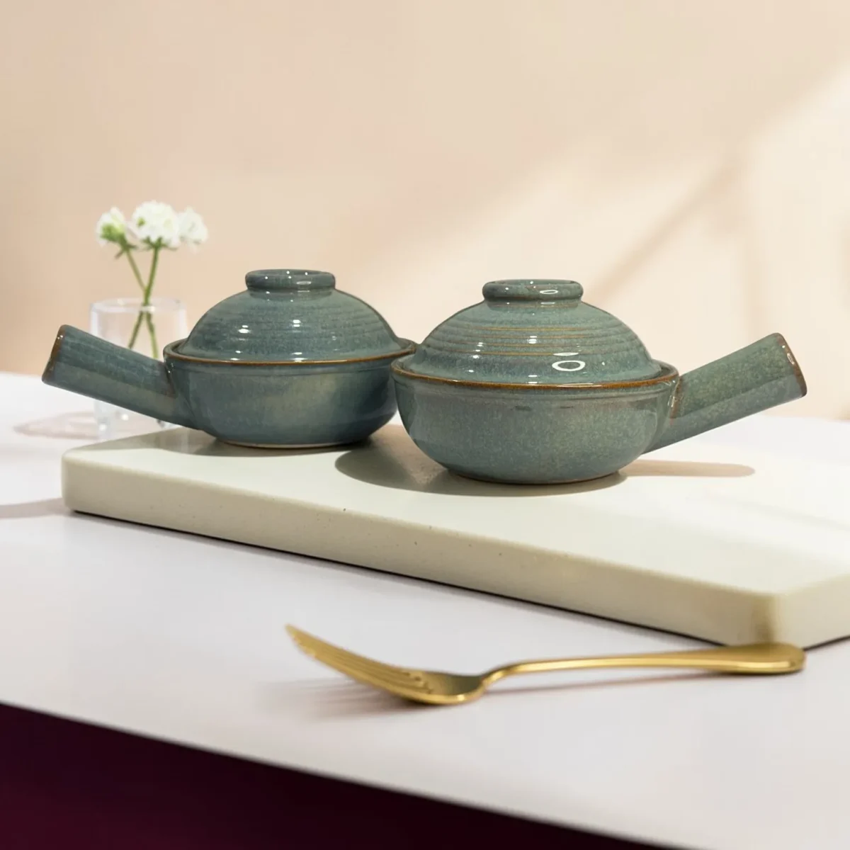 Harmiche Slate Hearth Ceramic Fondue Pots with Lids (Set of 2, 500 ml, 16 cm)