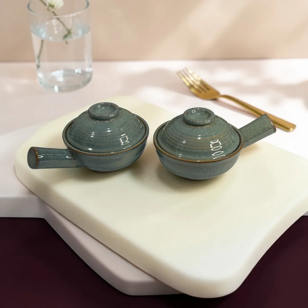 Harmiche Slate Hearth Ceramic Fondue Pots with Lids (Set of 2, 500 ml, 16 cm)