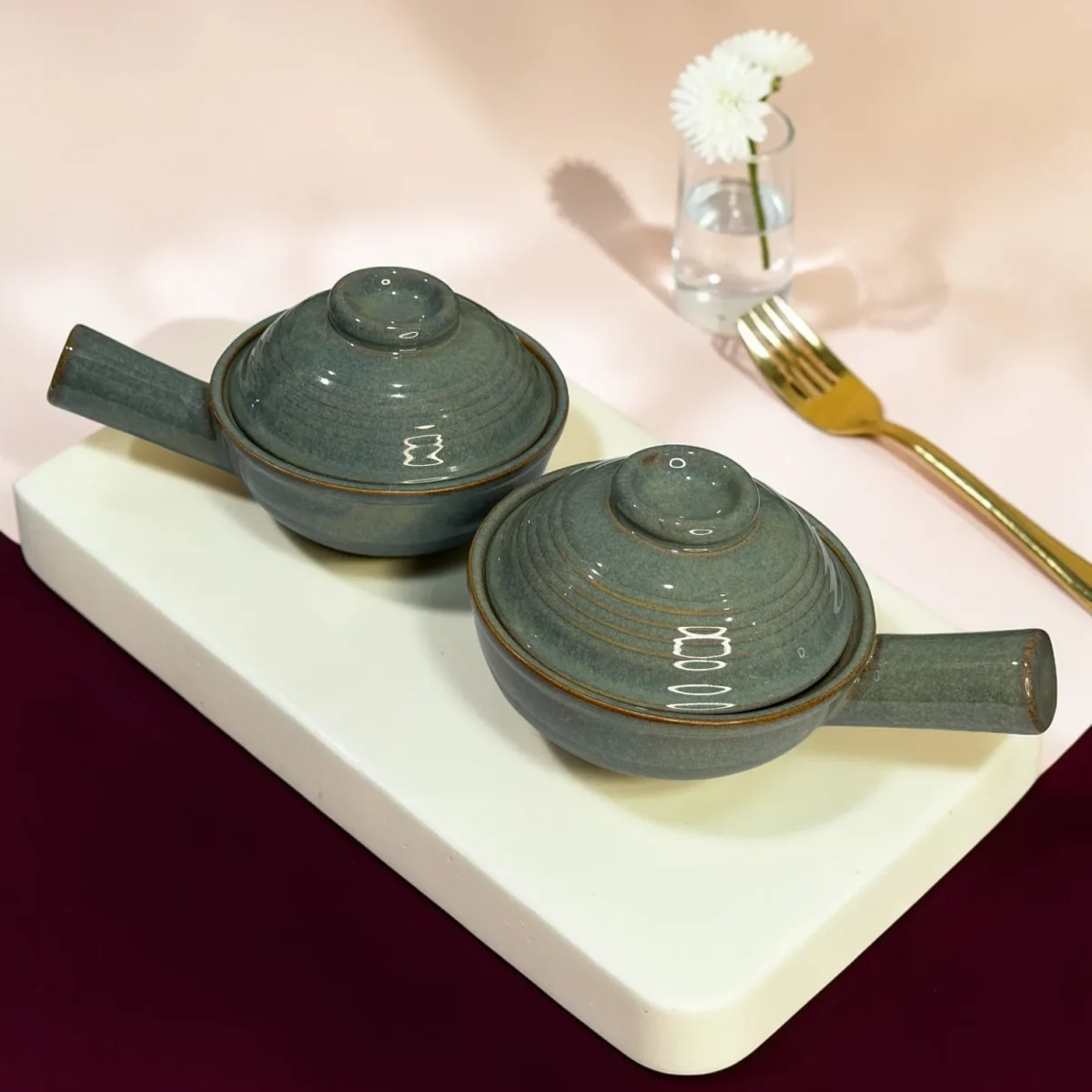 Harmiche Slate Hearth Ceramic Fondue Pots with Lids (Set of 2, 500 ml, 16 cm)