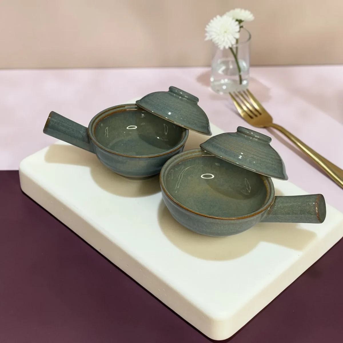 Harmiche Slate Hearth Ceramic Fondue Pots with Lids (Set of 2, 500 ml, 16 cm)