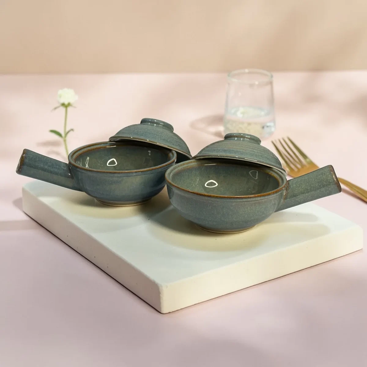 Harmiche Slate Hearth Ceramic Fondue Pots with Lids (Set of 2, 500 ml, 16 cm)