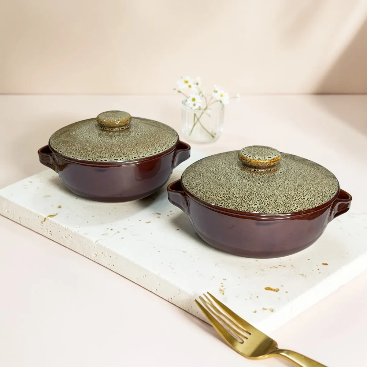 Harmiche BurntAmber Lidded Luxe Ceramic Serving Bowls with Lid Set of 2 – 1000 ml