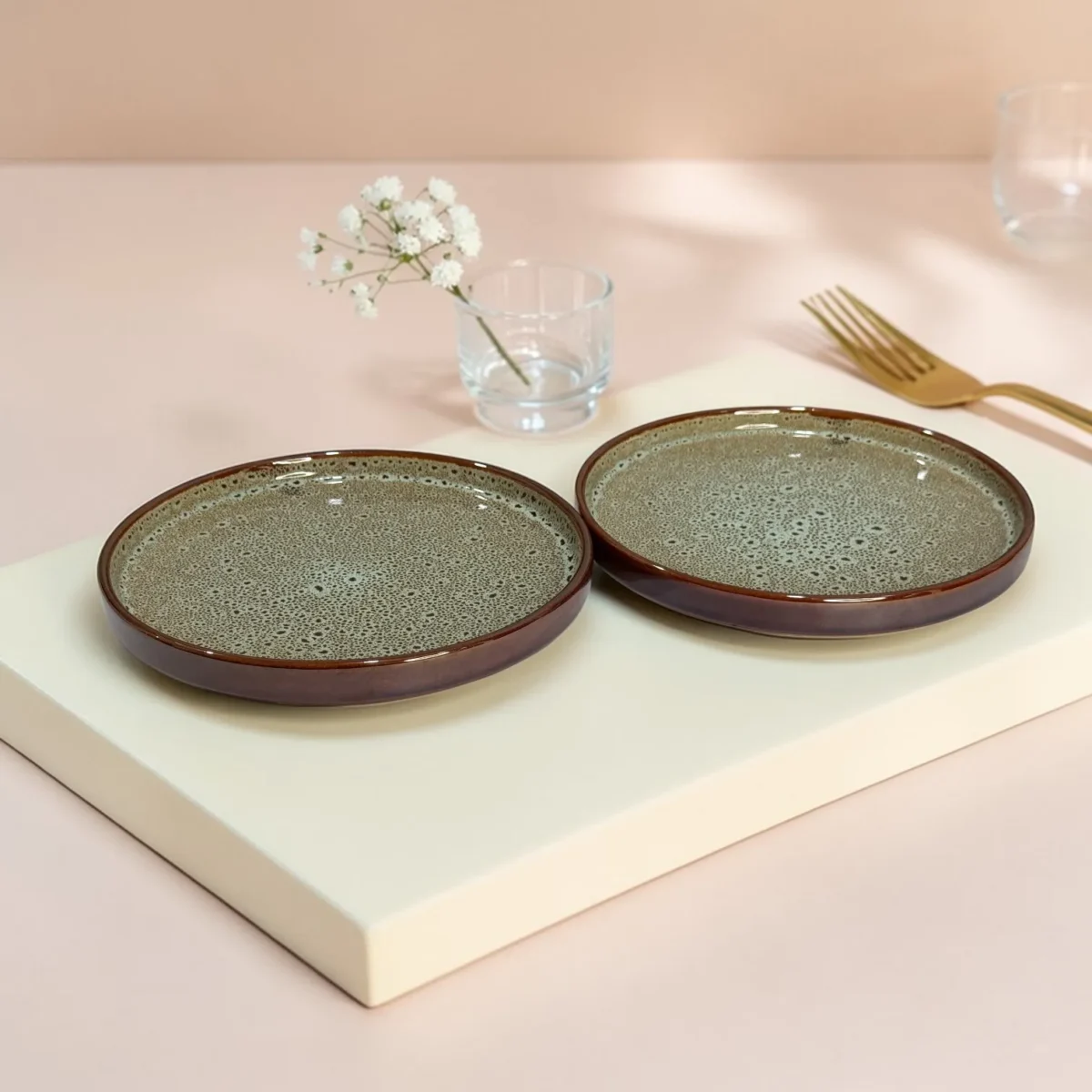 Harmiche BurntAmber Speckled Ceramic Quarter Plates with Rim (Set of 2) – 8 Inch