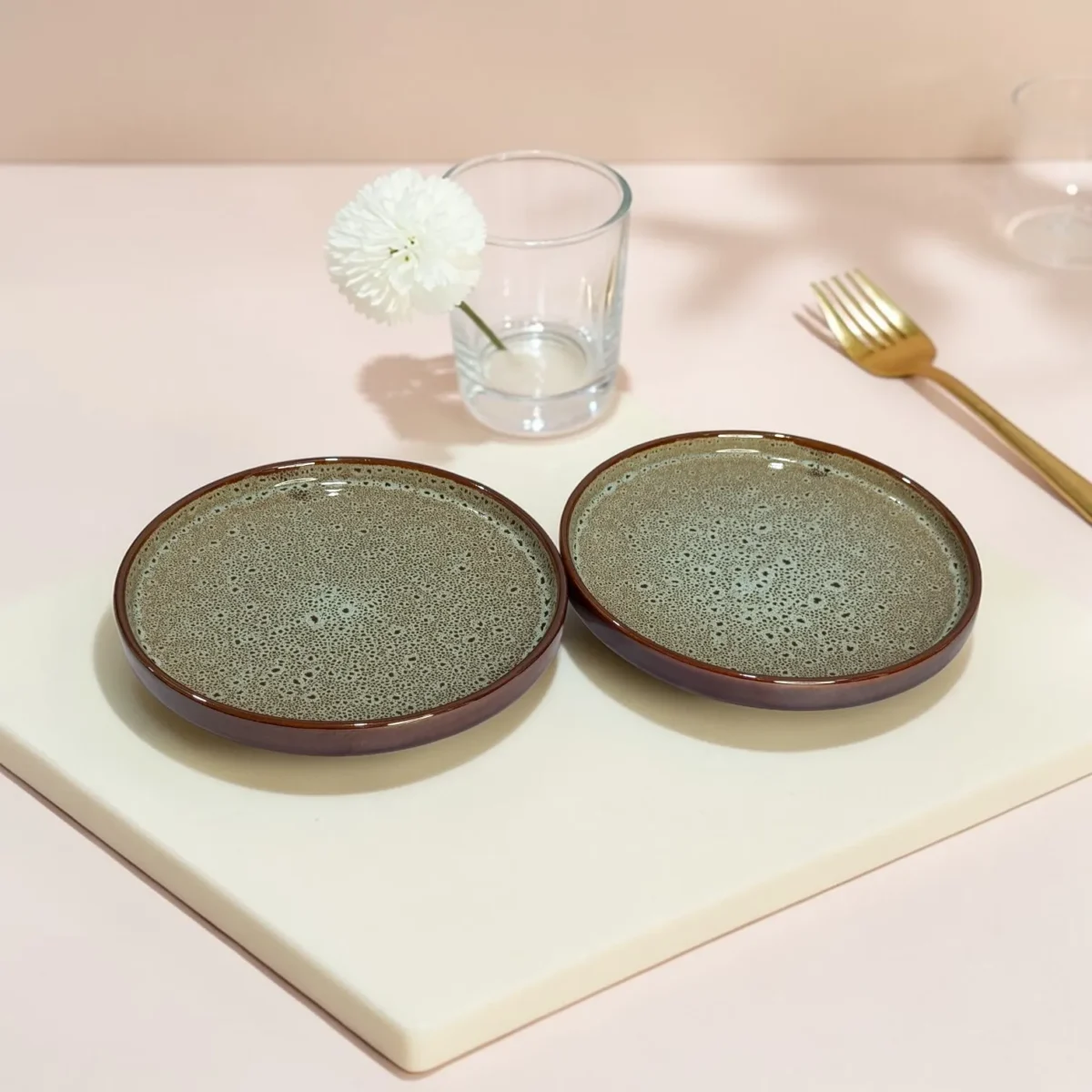 Harmiche BurntAmber Speckled Ceramic Quarter Plates with Rim (Set of 2) – 8 Inch